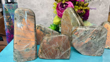 Load and play video in Gallery viewer, SUNSET labradorite freeforms, Orange Pink Labradorite, 750-2000 grams
