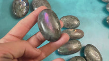 Load and play video in Gallery viewer, Rainbow Purple Labradorite Palm Stone, Ethically Sourced Spectrolite Crystals
