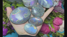 Load and play video in Gallery viewer, Ethically Sourced Purple Labradorite Crystal Palmstones
