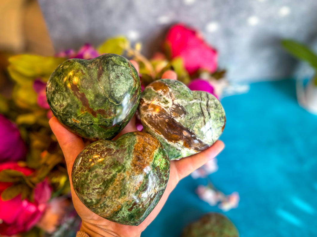 Dark Green Opal Hearts, 100-500 grams, Ethically Sourced Crystals
