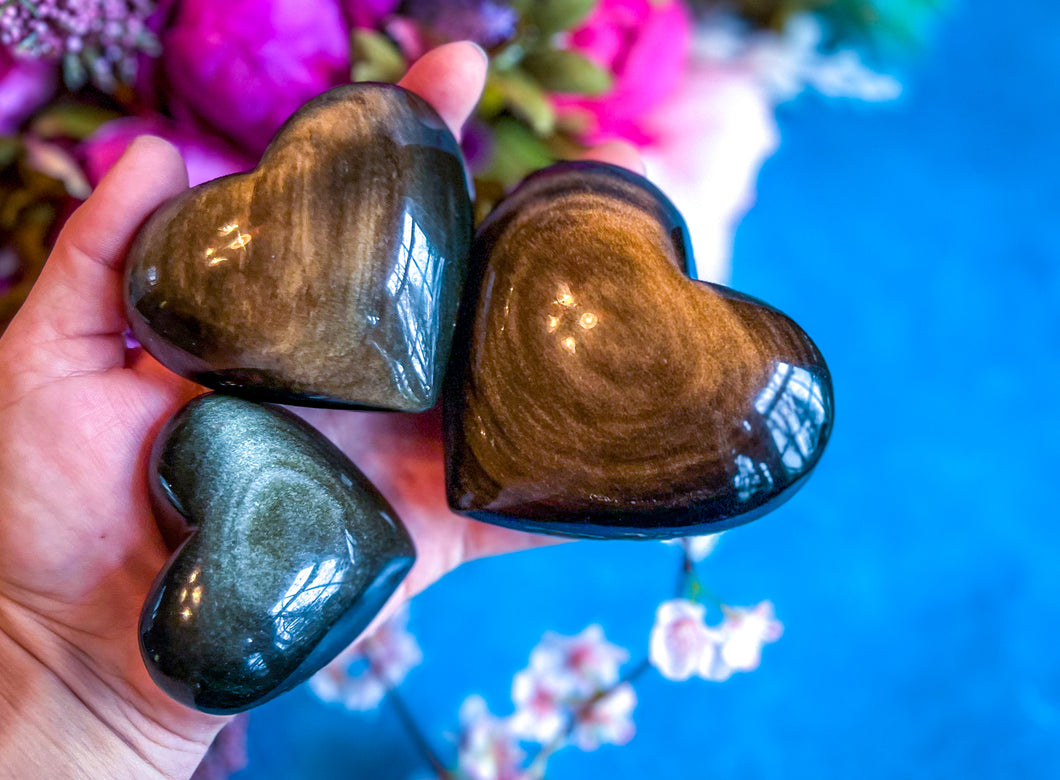 Gold Obsidian Hearts, Polished Gold Sheen Obsidian Crystal Hearts
