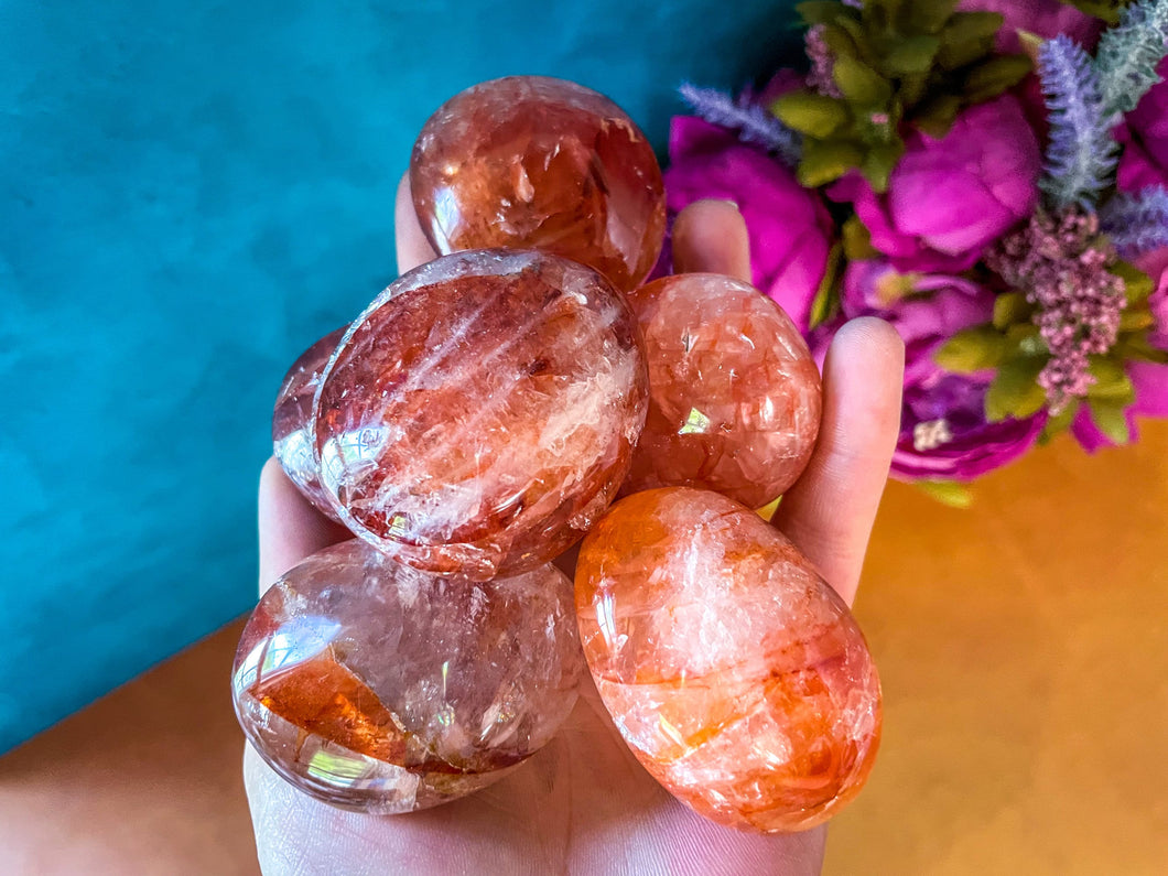 red hematoid quartz CRYSTAL palm stones with RAINBOWS
