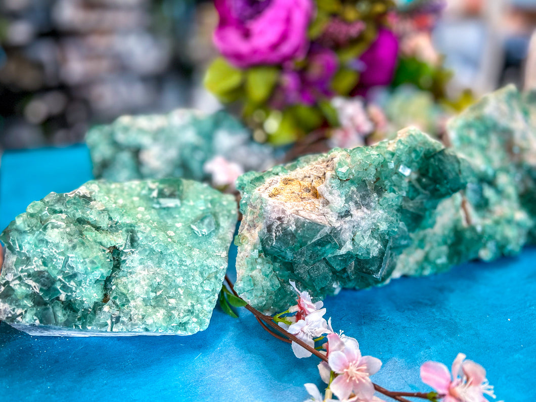 Large Raw Green cubic Fluorite Mineral Specimen, 1 kilo+, Ethically Sourced Crystals