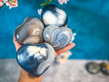 Load image into Gallery viewer, A collection of Orca Agate hearts with varying shades of gray, black, and white, held in a person's hand against a blue background with a floral arrangement in the background.
