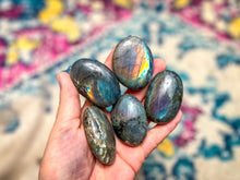 Load image into Gallery viewer, Rainbow Purple Labradorite Palm Stone, Ethically Sourced Spectrolite Crystals
