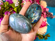 Load image into Gallery viewer, Rainbow Purple Labradorite Palm Stone, Ethically Sourced Spectrolite Crystals

