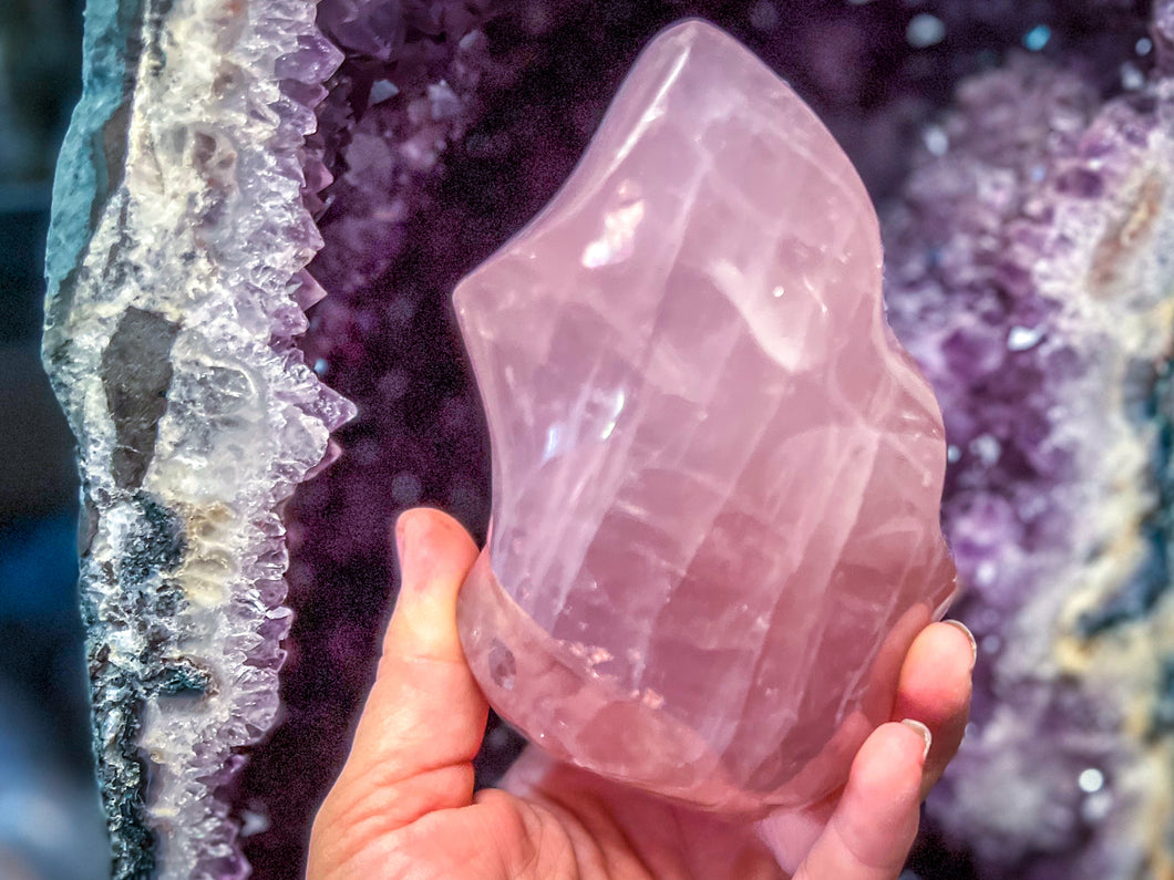 Ethically Sourced Rose Quartz Crystal Flame, 200-999 grams