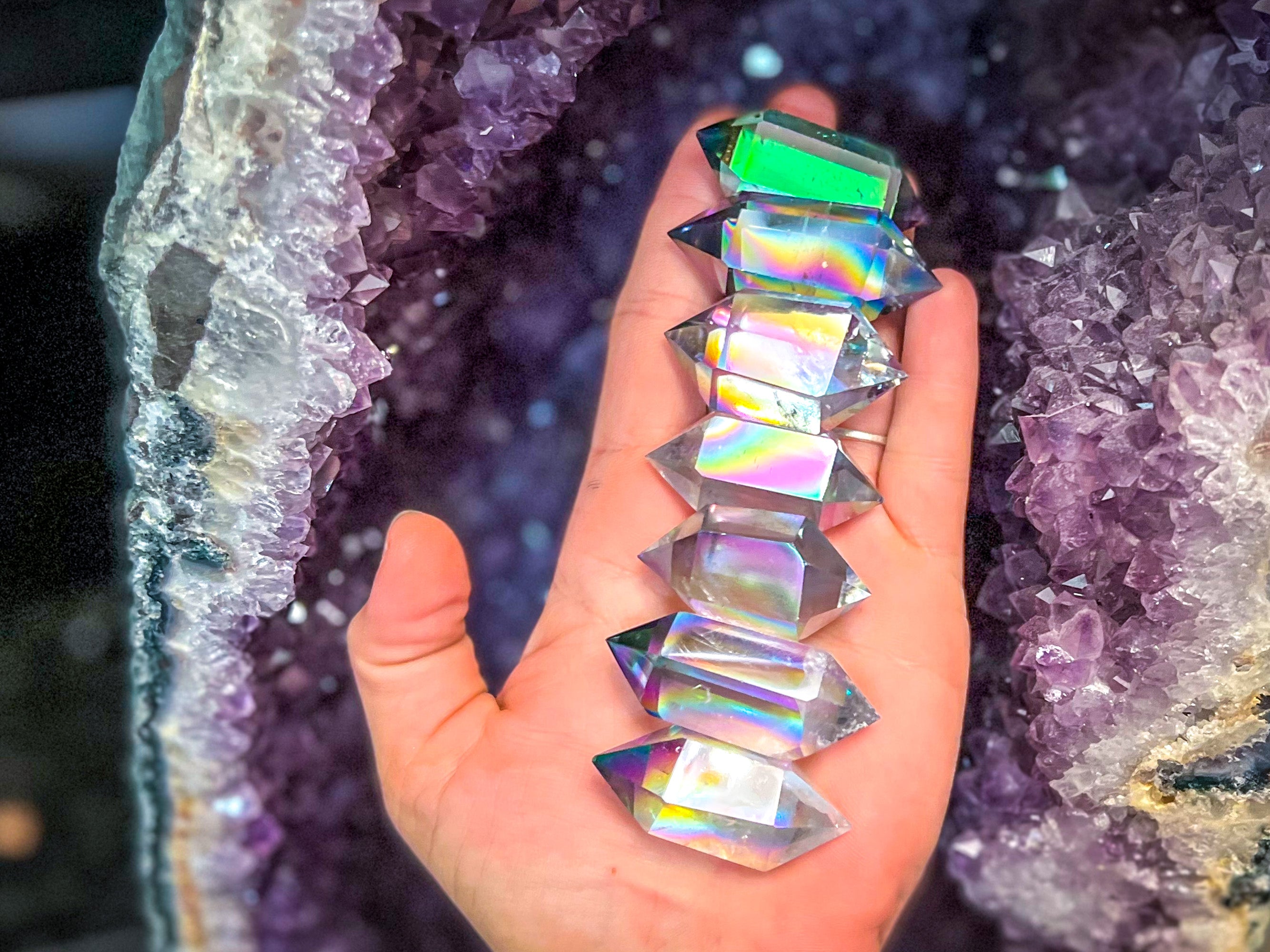 SUPER Rainbow AURA QUARTZ double terminated crystals Mandala Gems