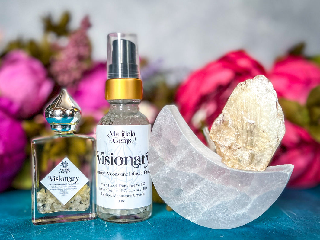 VISIONARY Bath and Crystal Gift Set with Natural Jasmine Perfume Oil, Selenite Moon, Natural Rainbow Moonstone Toner