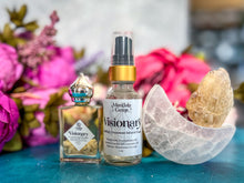 Load image into Gallery viewer, VISIONARY Bath and Crystal Gift Set with Natural Jasmine Perfume Oil, Selenite Moon, Natural Rainbow Moonstone Toner
